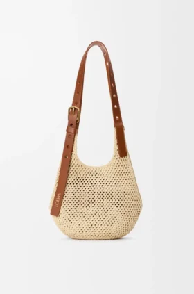Liten «Punch Hole Hobo»-veske i raffia og kalveskinn