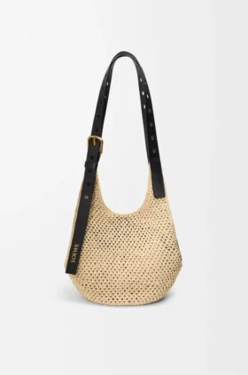 Liten «Punch Hole Hobo»-veske i raffia og kalveskinn