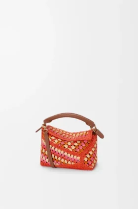 Mini Puzzle Edge-veske i raffia og kalveskinn