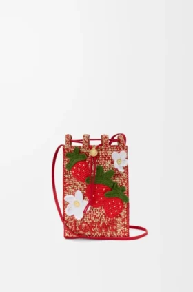 Strawberry-lomme med snøring i klassisk kalveskinn og raffia